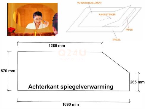 Badkamer spiegelverwarming, vijfhoek. 1265 x 570 mm, zie tekening. 230 volt