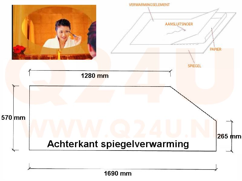 Badkamer spiegelverwarming, met schuine kant op maat, 12 volt